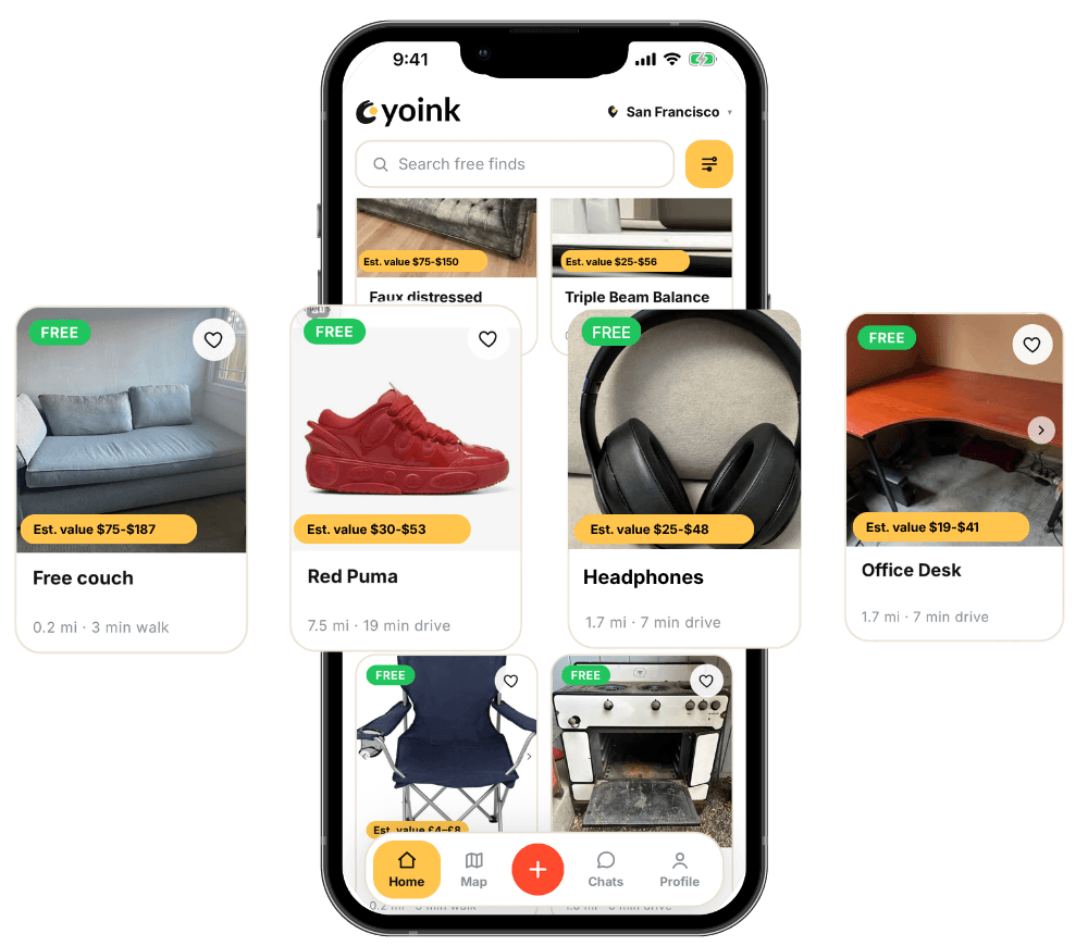 The Yoink app showing free listings nearby, each with an estimated value and walking distance